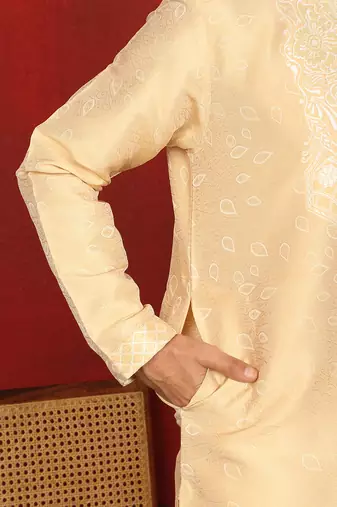 silk jacquard embroidered floral design beige kurta