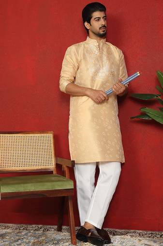 silk jacquard embroidered floral design beige kurta