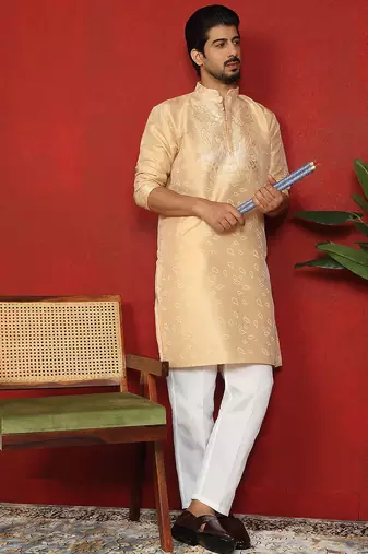 silk jacquard embroidered floral design beige kurta