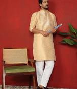 silk jacquard embroidered floral design beige kurta