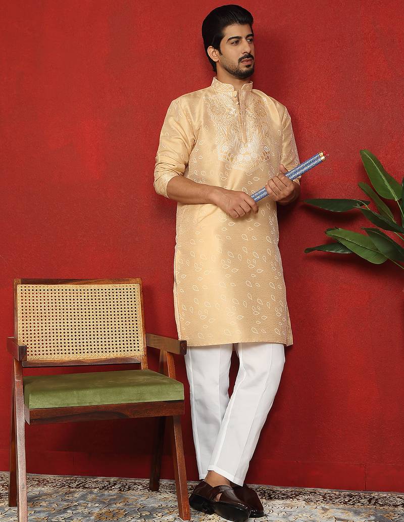 silk jacquard embroidered floral design beige kurta