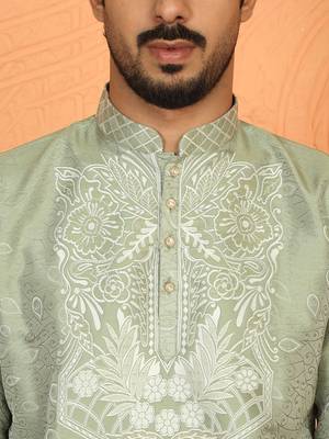 silk jacquard embroidered floral design green kurta 2