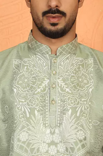silk jacquard embroidered floral design green kurta