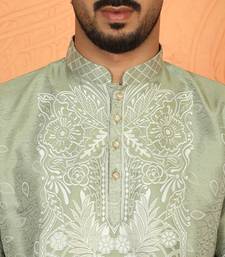 silk jacquard embroidered floral design green kurta