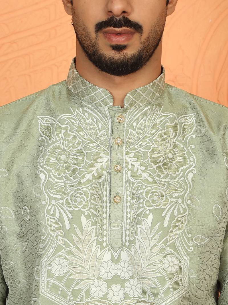 silk jacquard embroidered floral design green kurta