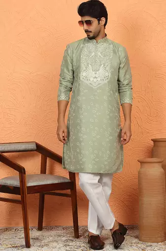 silk jacquard embroidered floral design green kurta
