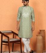 silk jacquard embroidered floral design green kurta