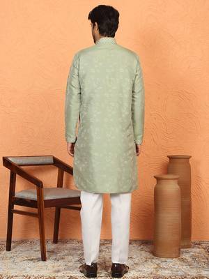 silk jacquard embroidered floral design green kurta 3