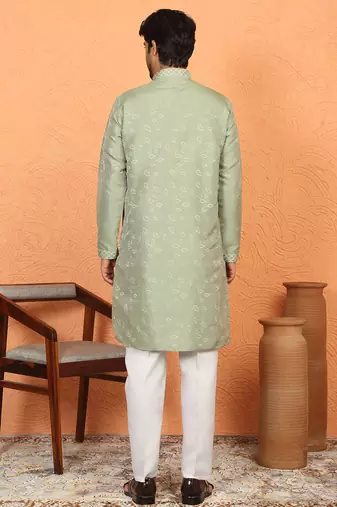silk jacquard embroidered floral design green kurta