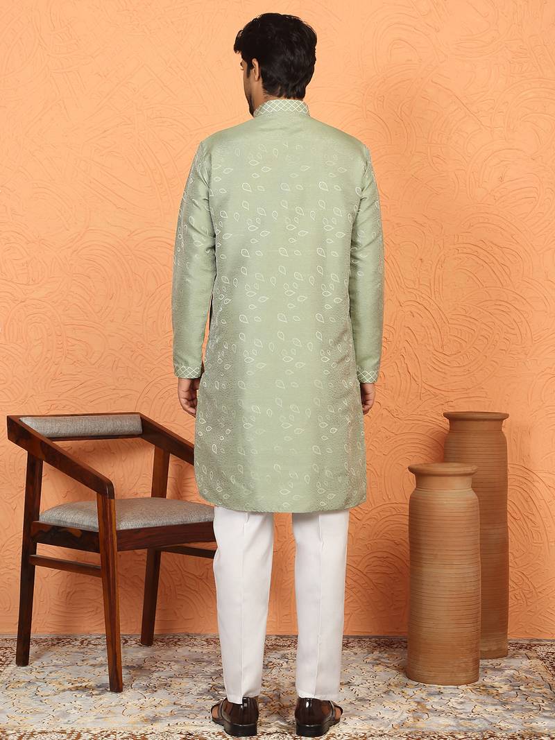 silk jacquard embroidered floral design green kurta