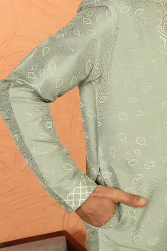 silk jacquard embroidered floral design green kurta