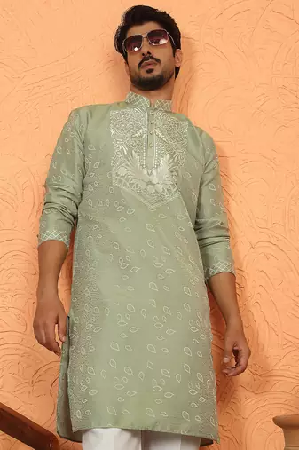 silk jacquard embroidered floral design green kurta