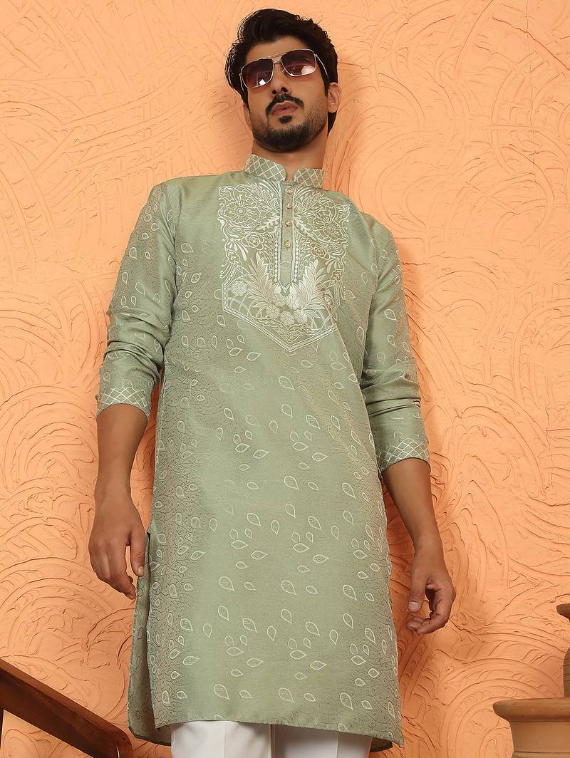 silk jacquard embroidered floral design green kurta