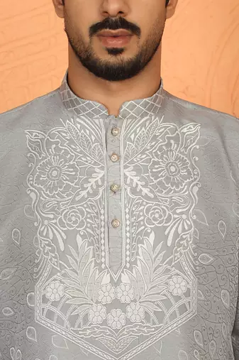 silk jacquard embroidered floral design grey kurta