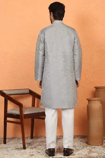 silk jacquard embroidered floral design grey kurta