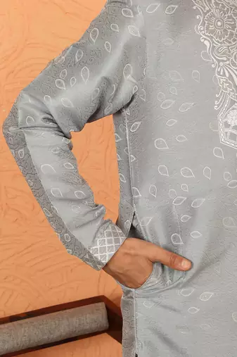 silk jacquard embroidered floral design grey kurta