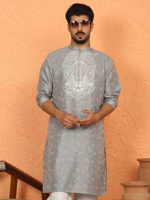 silk jacquard embroidered floral design grey kurta 1