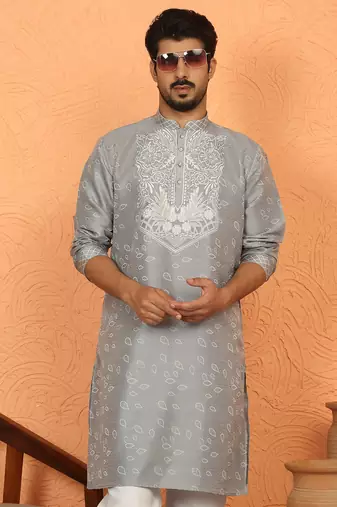 silk jacquard embroidered floral design grey kurta