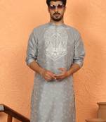 silk jacquard embroidered floral design grey kurta