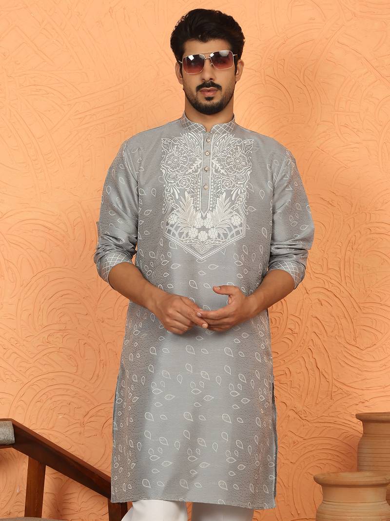 silk jacquard embroidered floral design grey kurta