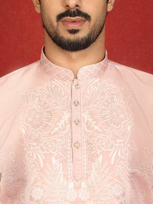 silk jacquard embroidered floral design pink kurta 2