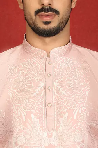 silk jacquard embroidered floral design pink kurta