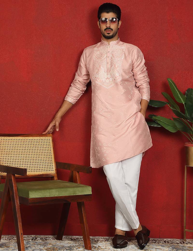 silk jacquard embroidered floral design pink kurta
