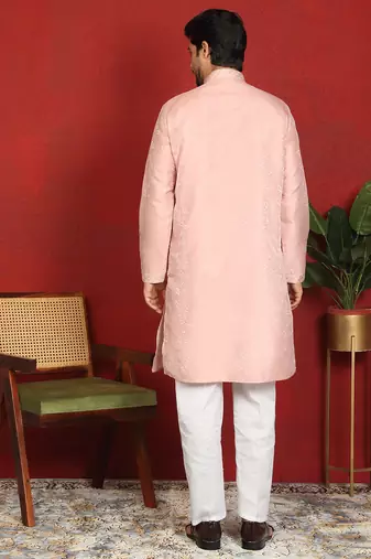 silk jacquard embroidered floral design pink kurta