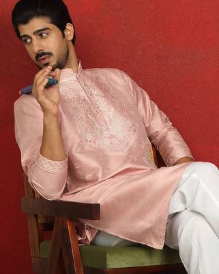 silk jacquard embroidered floral design pink kurta 5