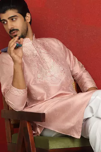 silk jacquard embroidered floral design pink kurta