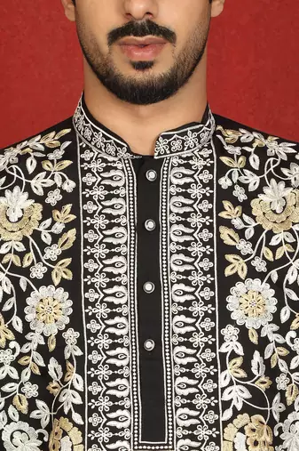cotton silk black embroidered floral design kurta
