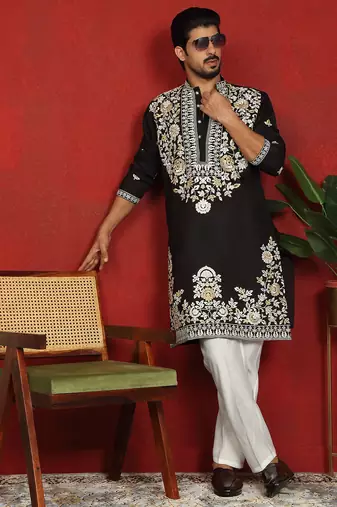 cotton silk black embroidered floral design kurta