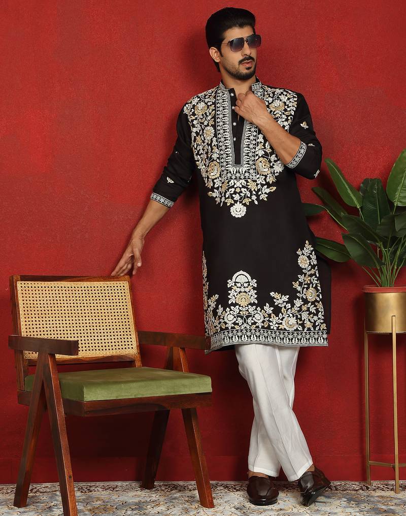 cotton silk black embroidered floral design kurta