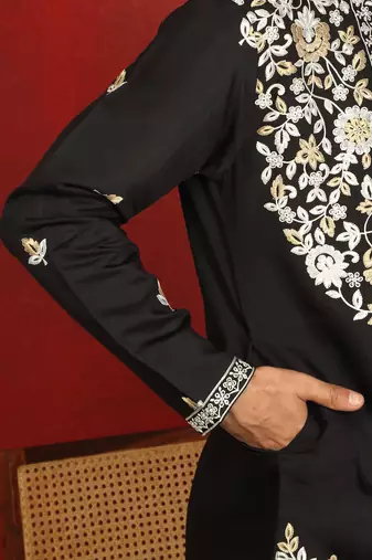 cotton silk black embroidered floral design kurta