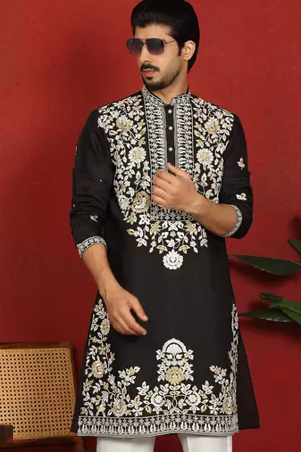cotton silk black embroidered floral design kurta