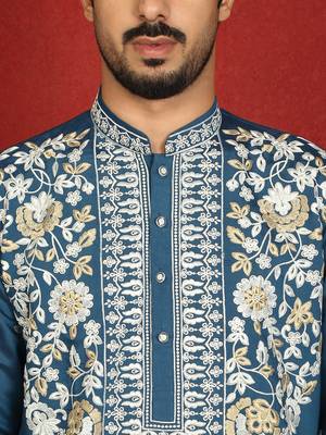 cotton silk blue embroidered floral design kurta 2