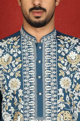 cotton silk blue embroidered floral design kurta