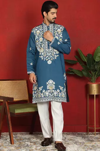 cotton silk blue embroidered floral design kurta