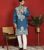 cotton silk blue embroidered floral design kurta