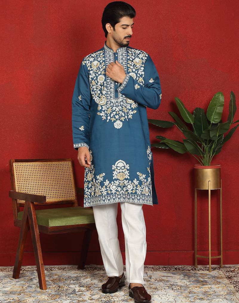cotton silk blue embroidered floral design kurta