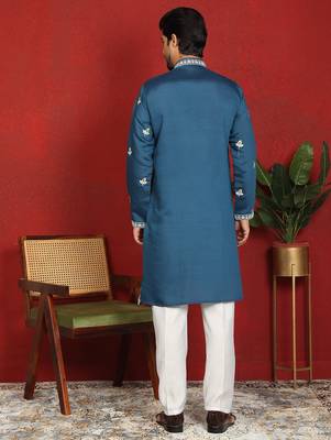 cotton silk blue embroidered floral design kurta 3
