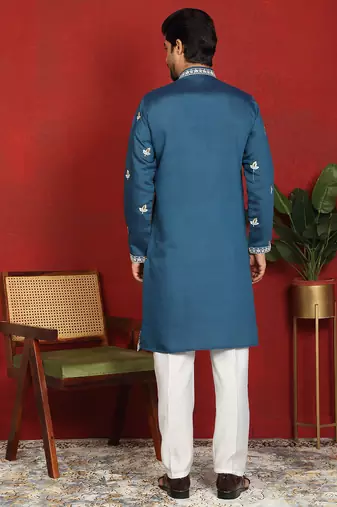 cotton silk blue embroidered floral design kurta
