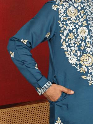 cotton silk blue embroidered floral design kurta 4
