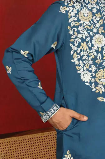 cotton silk blue embroidered floral design kurta