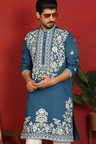 cotton silk blue embroidered floral design kurta