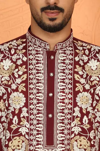 cotton silk maroon embroidered floral design kurta