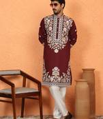 cotton silk maroon embroidered floral design kurta