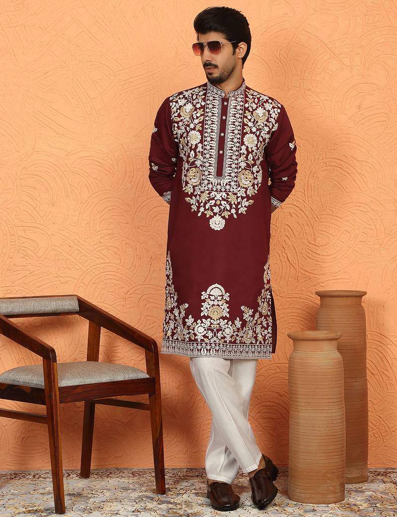 cotton silk maroon embroidered floral design kurta