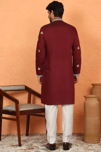 cotton silk maroon embroidered floral design kurta