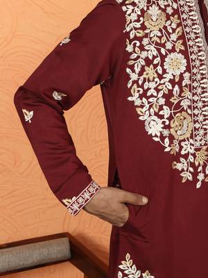 cotton silk maroon embroidered floral design kurta 4